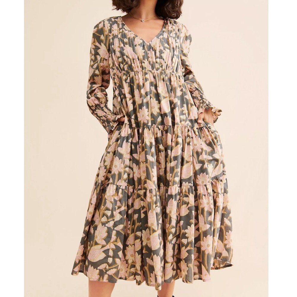 Anthropologie Let Me Be Waistless Floral Dress Tiered Midi - XSmall Petite
